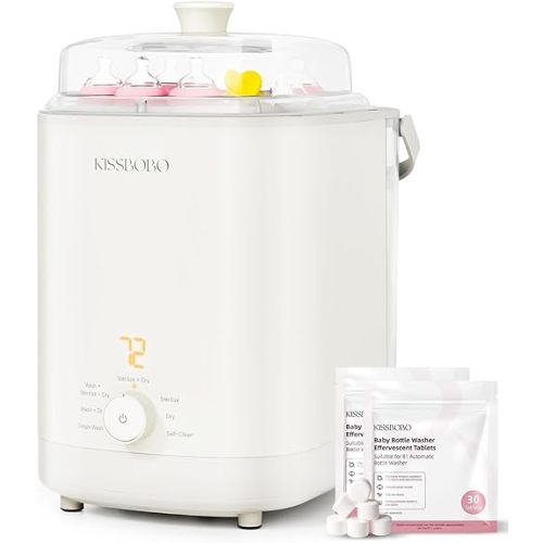 KISSBOBO Baby Bottle Washer, Sterilizer and Dryer 28 Nozzles with 360° Omni-Directional Spray, 72-Hour Clean Storage, Dual-Layer Adjustable Rack for Multiple Bottle Sizes with 60Pcs Detergent Tablets