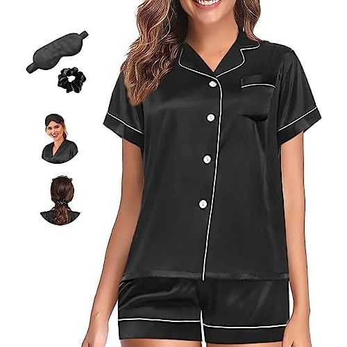 Womens Pajama Sets XS-4XL Silk Satin Pajamas Set Floral 2Pcs Pj Sets Button Down Pjs Set Sleepwear Loungewear