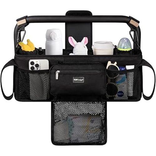 TOPDesign Universal Baby Stroller Organizer, Double Stroller Caddy with Detachable Mesh Bag & Heightened Insulated Cup Holders & Non-Slip Secure Hooks Accessories, Fits Most Strollers (Black)
