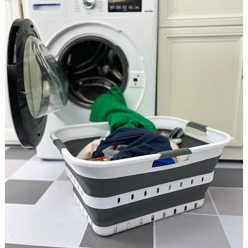 SAMMART 42L (11 gallon) Collapsible Plastic Laundry Basket - Foldable Pop Up Storage Container/Organizer - Space Saving Hamper/Basket (1, White/Quartz Pink)