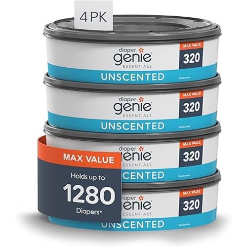 Diaper Genie Essentials Round Refill Pack of 4 | Holds Up to 1280 Newborn Diapers | Features Unscented Continuous Film | Compatible with Diaper Genie Complete and Expressions Pails