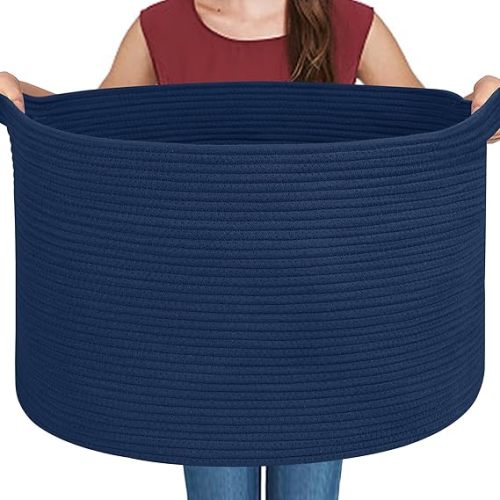 Dark Blue Basket for Organizing, 22" x 14" Extra Large Woven Cotton Rope Laundry Basket, Blanket Storage for Living Room Bedroom, Big Nursery Kids Toy Box Organizer, Pool Towel Storage Bin
