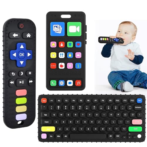 GUIGUZHJ Teether Toys, Teething Relief Teethers Toys for Babies 3-6 12 Months, Play Phone Remote Control Keyboard Toy for Newborn Infant Boy Girl Autism Essentials, Food Grade Silicone Sensory Toy