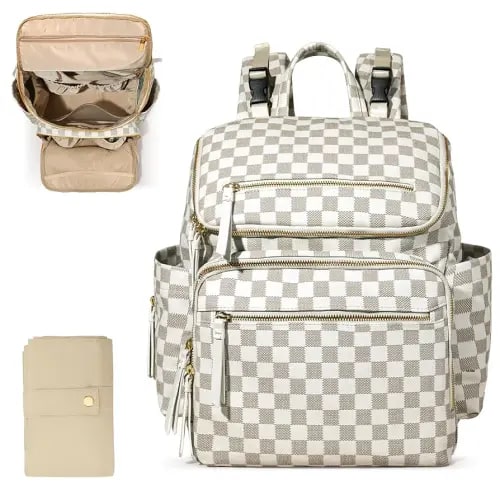 Checkered Diaper Bag Backpack Large Baby Diaper Bag Leather with 17 Diaper Bag Organizing Pouches,Changing Pad,Stroller Straps,4 Insulated Pockets,Beige&Honey