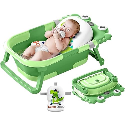 Collapsible Baby Bathtub for Newborns to Toddler with Real-time Temp Monitor & Floating Cushion,Portable Travel Tub for 0-36 Month, Foldable Baby Bath Tub for Infants(Vivid Green)