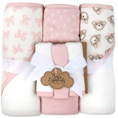 Hooded Baby Bath Towel and Washcloth 6 Piece Set for Newborns, Infants & Toddlers, Boys & Girls Baby Hooded Towels Set (Pink Bows and Teddy Bears)