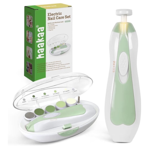haakaa Baby Nail File Electric Baby Nail Care Set with LED Light, Baby Nail Clippers for Newborn/Infants/Adults Toenails and Fingernails, 6 Replacement Heads & Storage Case, Green