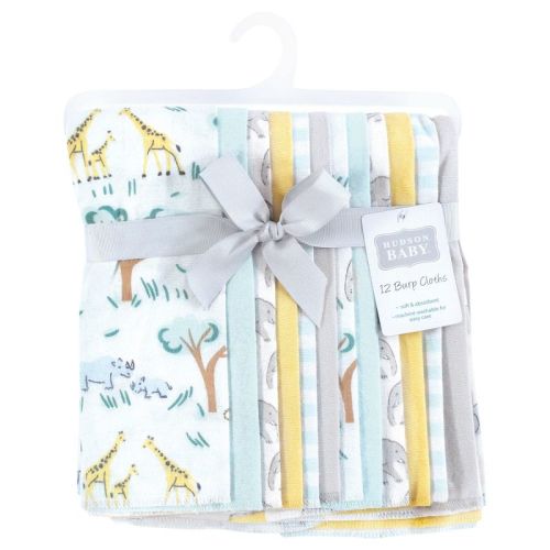 Hudson Baby Cotton Flannel Burp Cloths 12-Pack Bundle, Safari Friends, One Size