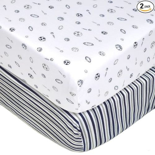 American Baby Company 2 Pack 100% Natural Cotton Fitted Crib Sheets 52" x 28" - Soft, Breathable, Hypoallergenic & Gentle Toddler Bed Sheets, Navy/Grey Sports Stripes, Neutral for Boys & Girls