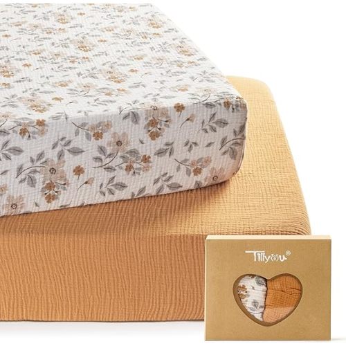 TILLYOU 2 Pack Muslin Crib Sheets for Boys and Girls, 100% Cotton Fitted Crib Sheet for Toddler 52"x28" Standard Crib Mattress, Yellow Flower