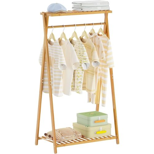 Bamboo Kids Clothing Rack,Small Dress Up Clothes Rack for Kids,Child Dress Up Rack with 2 Storage Shelves,Portable Garment Rack for Playroom Toddles Bedroom