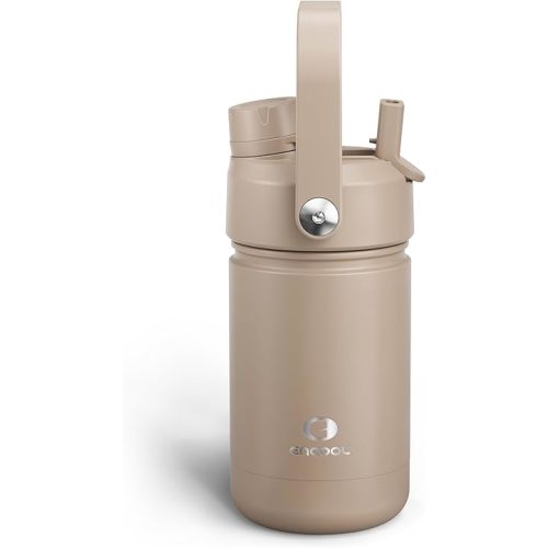 Kids Insualated Water Bottle with Straw - 12oz Stainless Steel Water Bottle with Dual Spouts, Leak-Proof, BPA-Free, Double Wall Vacuum Keeps Cold for 24 Hours for Sports, Travel, School (Raw Umber)