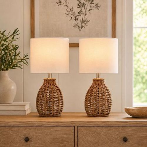 Maxax Natural Rattan Table Lamp Set of 2,Boho Woven Desk Lamp with Beige Fabric Shade for Bedroom, Living Room, Farmhouse Decor 2-Way 40W E26 Base,