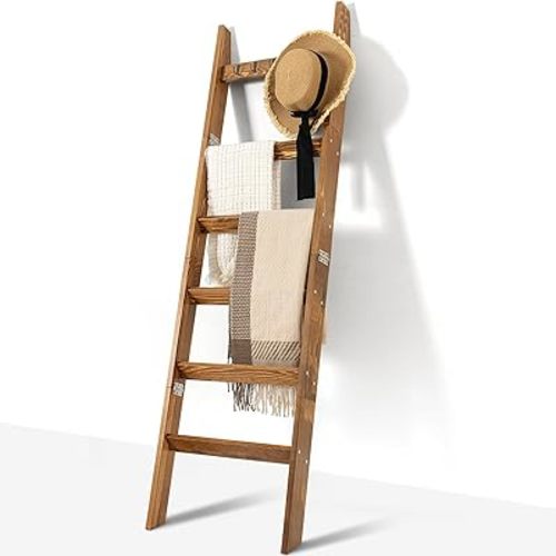 TEAKMAMA 6-Tier Blanket Ladder for Living Room and Bedroom,5.4 Ft Wall Leaning Quilt Rack with Hooks,Rustic Decorative Farmhouse Blanket Storage,Stylish Ladder Holder,Christmas Decorations,Honey Brown