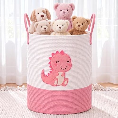 LemonRoad Pink Dinosaur Laundry Hamper Large Cotton Rope Storage Basket
