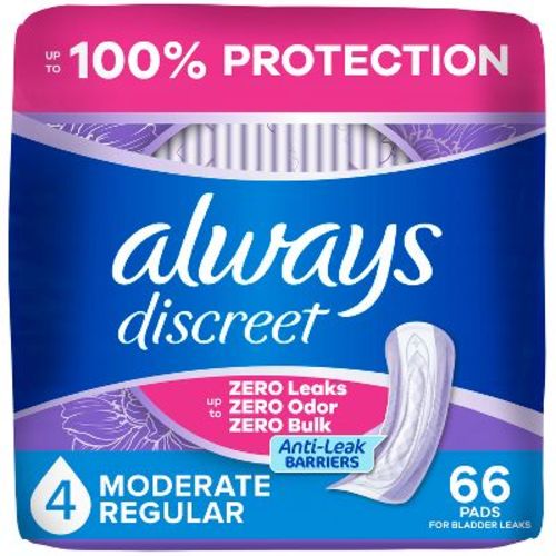 Always Discreet Incontinence & Postpartum Incontinence Pads for Women - Moderate Absorbency - Size 4 - 66ct