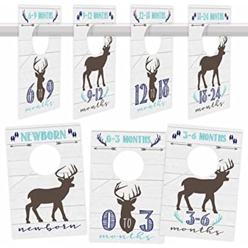 Hadley Designs 7 Woodland Baby Nursery Closet Organizer Dividers for Boy Clothing, Blue Deer Age Size Hanger Organization for Kid Toddler, Infant Clothes Must Have, Shower Registry Gift, 0-24 Months