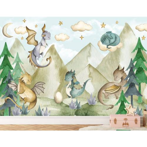Watercolor Dragon Wallpaper, Nursery Dragon Wall Mural, Removable Wallpaper, Peel and Stick Wallpaper, Boys room wallpaper, Dino Wallpaper