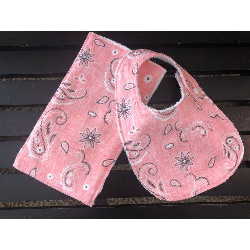 Western style baby girl bib and burp cloth in pink bandana fabric