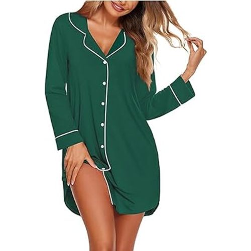 Ekouaer Women's Nightgown Long Sleeve Nightshirt Button Down Sleepshirt Boyfriend Sleepwear Pajama Dress S-XXL