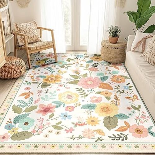 Floral Nursery 5x7 Area Rugs Washable Print Boho Cute Carpet Non Slip Flower Low Pile for Living Room Kids Girls Playroom Bedroom Kitchen Office Farmhouse-Beige/White/Orange