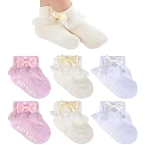 Baby Girl Ruffle Socks with Grips Turn Cuff Ankle Lace Frilly Dress Bow Socks for Newborn/Infant/Toddler/Little Kids