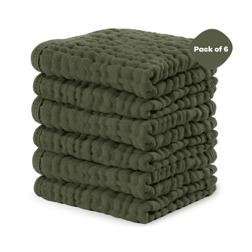 Comfy Cubs Baby Washcloths, Muslin Cotton Baby Towels, Large 10”x10” Wash Cloths (Kelp, Pack of 6)