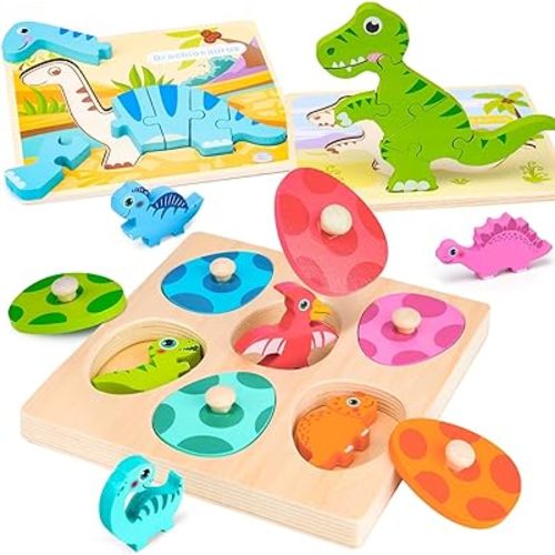 Toddler Dinosaur Puzzle with Eggs - Montessori Wooden Puzzles for 1-4 Year Olds