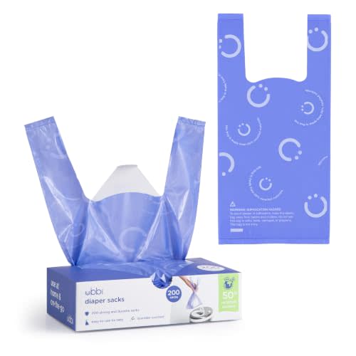 Ubbi Disposable Baby Diaper Sacks, Lavender Scented, 200 Count | Easy-To-Tie Tabs, Made from 50% Recycled Material, Disposable On-The-Go Bags, Diaper Bag and Travel Essential