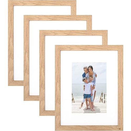 8x10 Picture Frame Set of 4, Made of Perspex Glass, Display Picture 5x7 with Mat or 8x10 without Mat, Wood Grain Photo Frame for Wall Mounting or Tabletop Display for Birthday Christmas Gifts