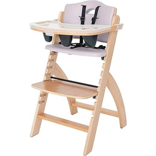 Abiie Beyond Junior Wooden High Chair with Tray - Adjustable and Convertible High Chair for Babies and Toddlers - 6 Months to 250 Lb - Water Resistant - Natural Wood with Lilac Cushion