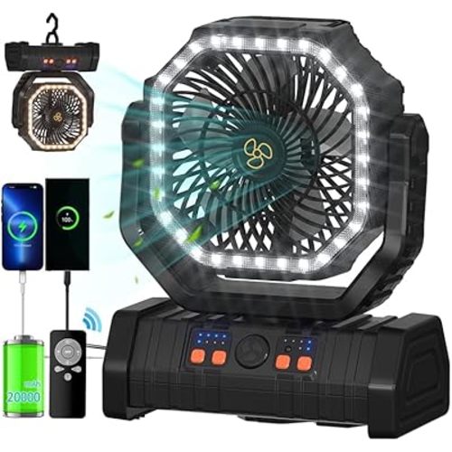 ADUST Portable Camping Fan Battery Powered Operated with LED Light 20000mAh Rechargeable Oscillating Fan with 360° Rotation Hanging Hook for Tents, USB Desk Fan for Bedroom, Office (Black)