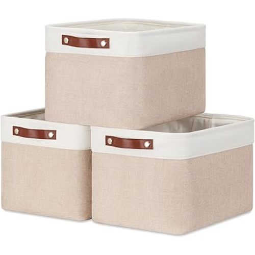 DULLEMELO Fabric Storage Bins, Storage Baskets for Organizing, Collapsible Rectangular Fabric Baskets for Shelves, Empty Gift Baskets (3-Pack Medium-15 inch X 11 inch X 9.5 inch , White&Khaki)