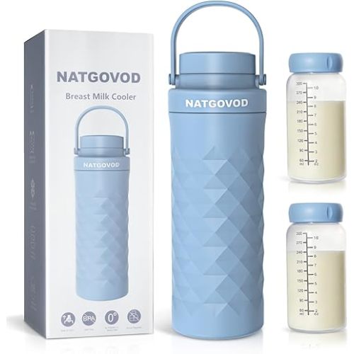 22oz Portable Breast Milk Cooler for Travel,24H Ice-Free Cooling Breastmilk Storage Bottles Container with 2pcs Baby Bottles for Breastmilk Storage,Baby Breastfeeding Essential, Blue