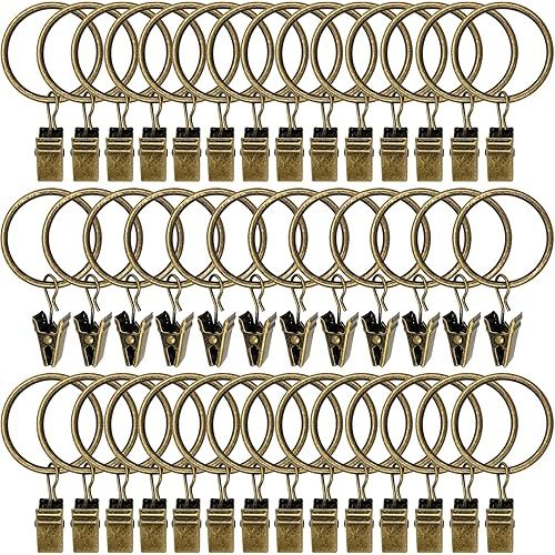 AMZSEVEN 40 Pack Curtain Rings with Clips, Drapery Clips with Rings, Drapes Rings 1.26 in Interior Diameter, Fits up to 1 in Curtain Rod, Bronze