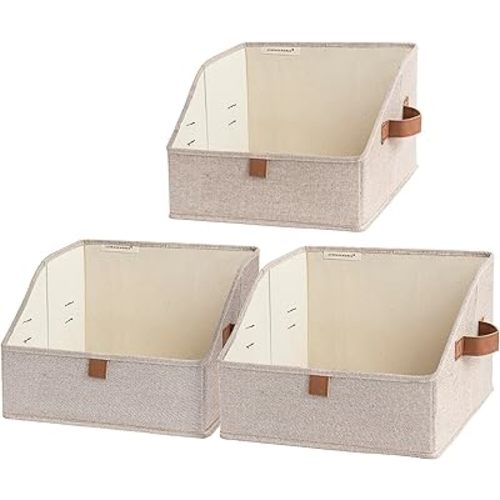 StorageWorks Closet Storage Bins, Trapezoid Organizer Box for Shelves, Fabric Clothes Bin, Foldable Organizing Baskets with Handles, Small, Brown and Beige, 3-Pack
