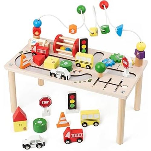 Activity Table for 1+ Year Old, Montessori Wooden Toys for Toddlers 1-3, 8 in 1 Baby Activity Table, Educational Sensory Bead Maze Toys for Babies, Learning Shape Sorter, Birthday Gifts Girls Boys