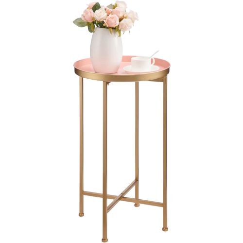 HollyHOME Small Round Metal End Table, Accent Indoor&Outdoor Coffee Side Table, Snack Sofa Table for Living Room, Anti-Rust Decorative Plant Stand, (D) 14.5" x(H) 25", Gold&Pink