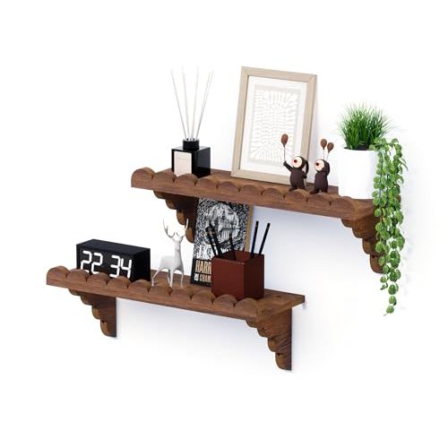 QsQueen Scalloped Wood Wall Shelf – 17 Inch Floating Shelf with Wood Brackets, Easy to Install Rustic Wall Shelf for Living Room, Bedroom, Bathroom, or Any Space