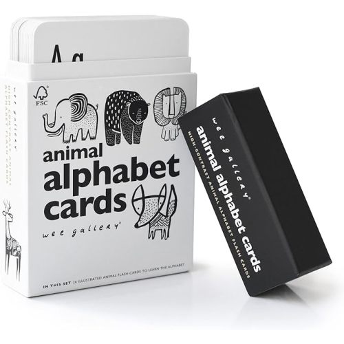 Wee Gallery Educational Flashcards for Babies, Black and White Animal Alphabet Learning Cards, Double Sided, Ideal for Visual Stimulation, Cognitive Development in Babies and Toddlers
