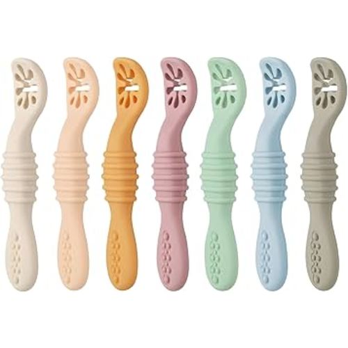 PandaEar 7 Pack Baby Spoons, Soft Silicone Self-Feeding Utensils for Babies & Toddlers, BPA-Free Silicone First Stage Training Spoon with Easy-Grip Handle