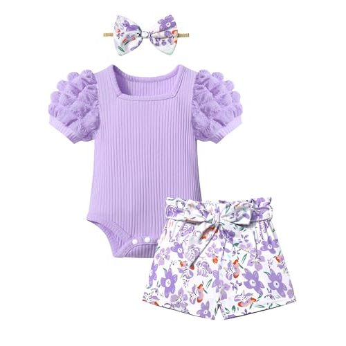 KANGKANG Baby Girl Clothes Short Sleeve Romper Top + Shorts + Bow Headband Infant Summer Outfits Set