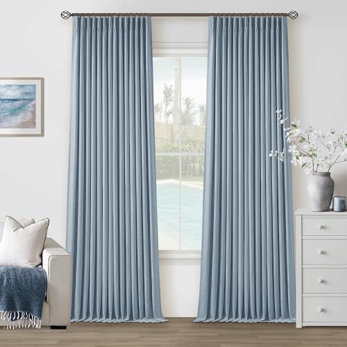 Light Blue Pleated Linen Blackout Curtains 90 Inches Long for Bedroom Living Room Pinch Pleat Black Out Thermal Insulated Ring Hooks Back Tab Room Darkening Drapes Dusty Blue Grey Curtains with Liner