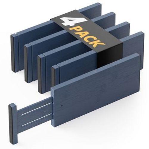 Set of 4 Bamboo Dresser Drawer Dividers: Adjustable from 12.5” to 17”, 4.66” High,Navy Blue