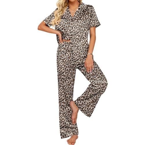 Ekouaer Silk Pajamas for Womens Set 2 Piece Satin Pjs Soft Button Down Sleepwear Wide Leg Long Pants with Pockets