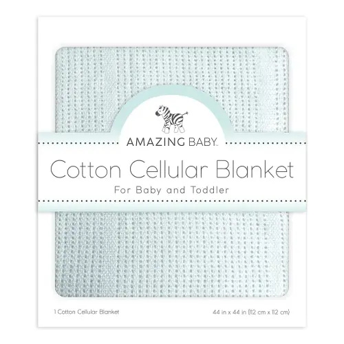 Amazing Baby Cellular Blanket, Premium Cotton Knit, Ultra Soft, Breathable, Cozy Gift for Baby Boys and Girls, Favorite Toddler Blanket, 44 x 44 inches (112 x 112 cm), Soft Blue