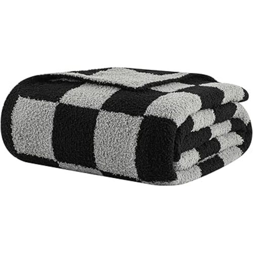 bearberry Fuzzy Checkerboard Grid Throw Blanket Soft Cozy Warm Microfiber All Season Blanket Decor for Couch Sofa Bed Travel Home (Black/Grey, 50''x60'')