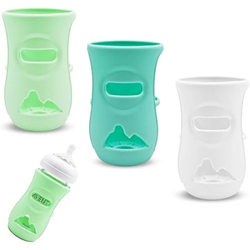 Silicone Sleeve for Philips Avent Glass Baby Bottle 8 oz, Glass Baby Bottle Sleeves, Thermal Insulation Heat Retention, Safe Soft Premium Non-Slip Silicone Cover, 3 Pack (White Green Blue, 8 oz)