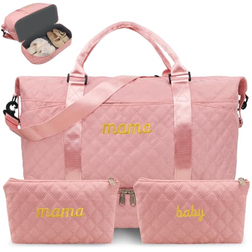 Mama Baby Pregnancy Hospital Bag Essentials for Women Labor Delivery Diaper Organizer with Shoe Compartment,2 Waterproof Toiletry Pouch Travel Duffle Bag for Mommy Weekender Overnight Gym Gifts,Pink