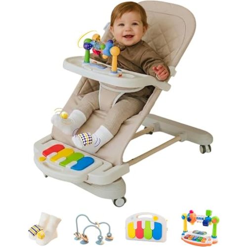 Cuddo Baby Bouncer Montessori|Sensory Play, Piano, Tray, Rattle Socks| Khaki